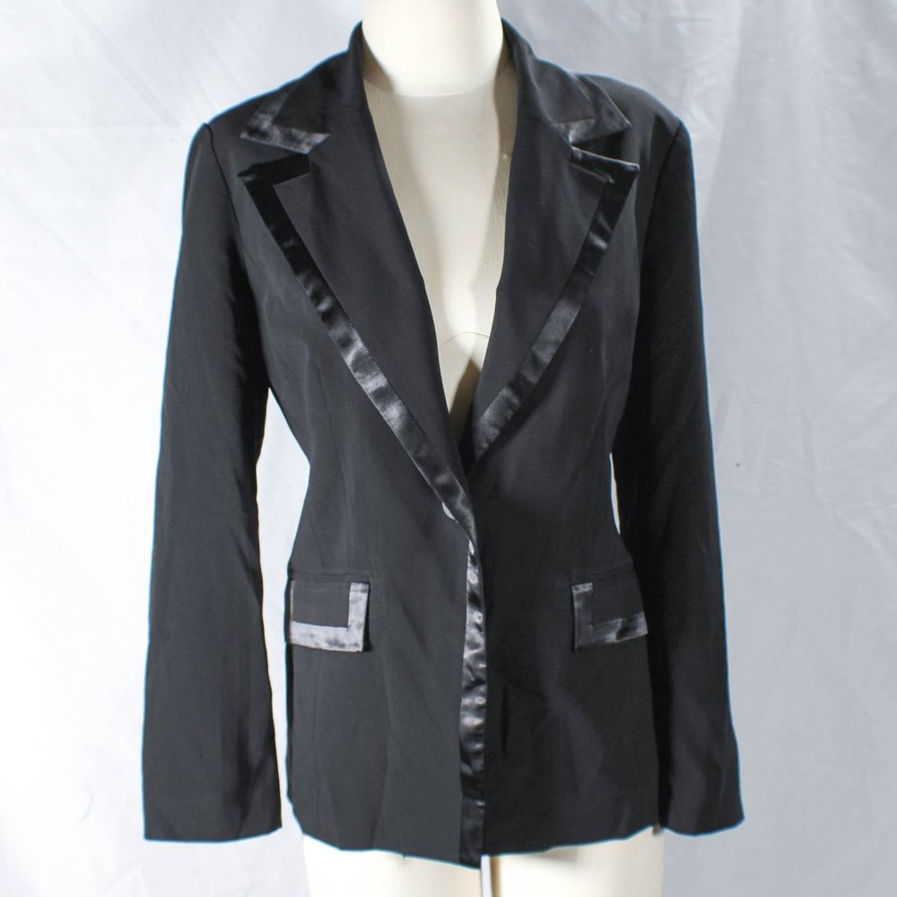 Classic Chic Glam Black Blazer Sateen Trim Size 14 Petite Elegant Formal Work